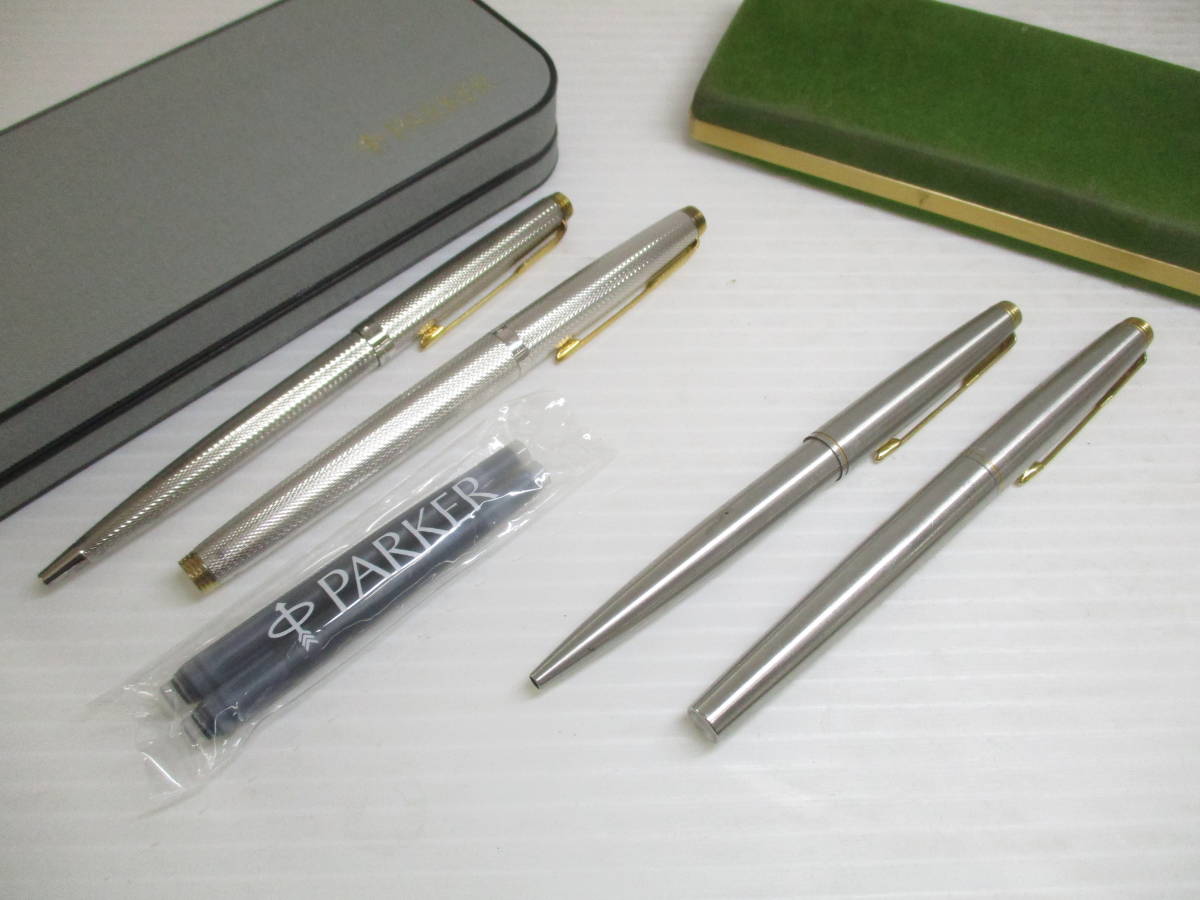 Parker パーカー 万年筆 シルバー 格子模様 14K ボールペン 計2本