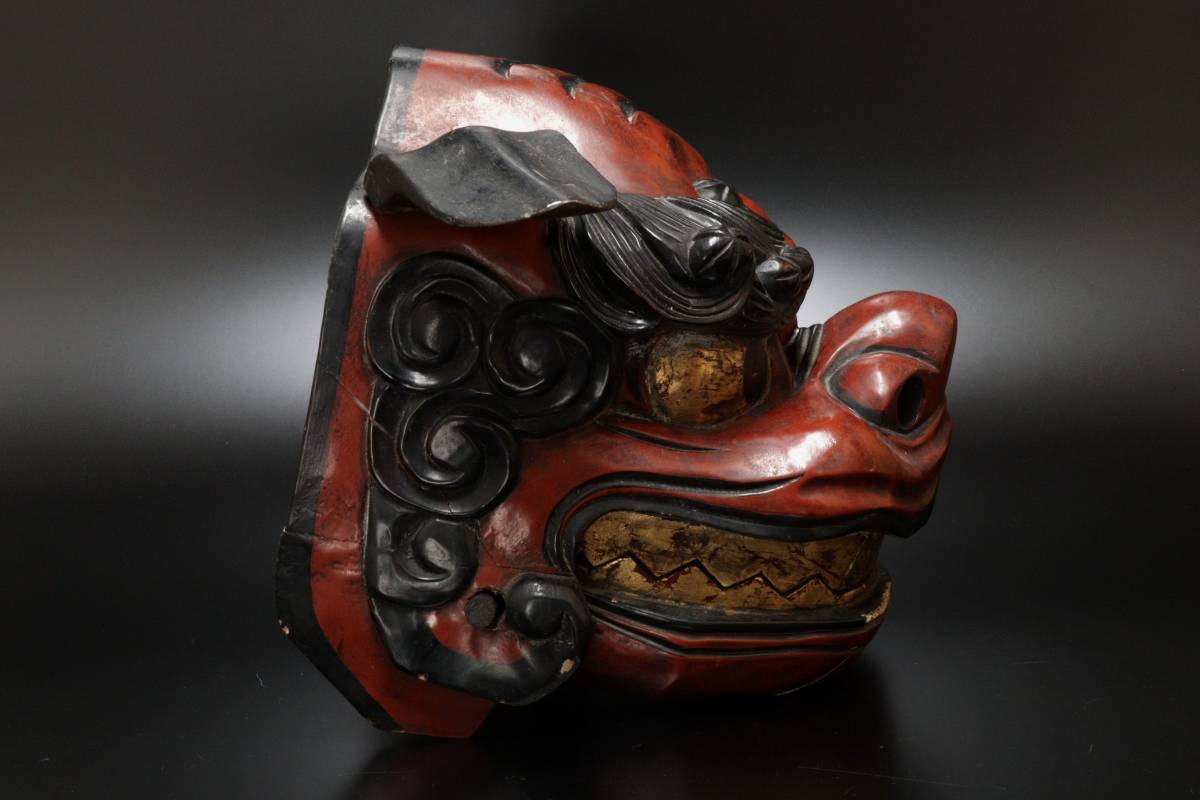獅子舞 木製 獅子頭 木彫り 置物 Yahoo!オークション 時代物 祭礼 EK08 