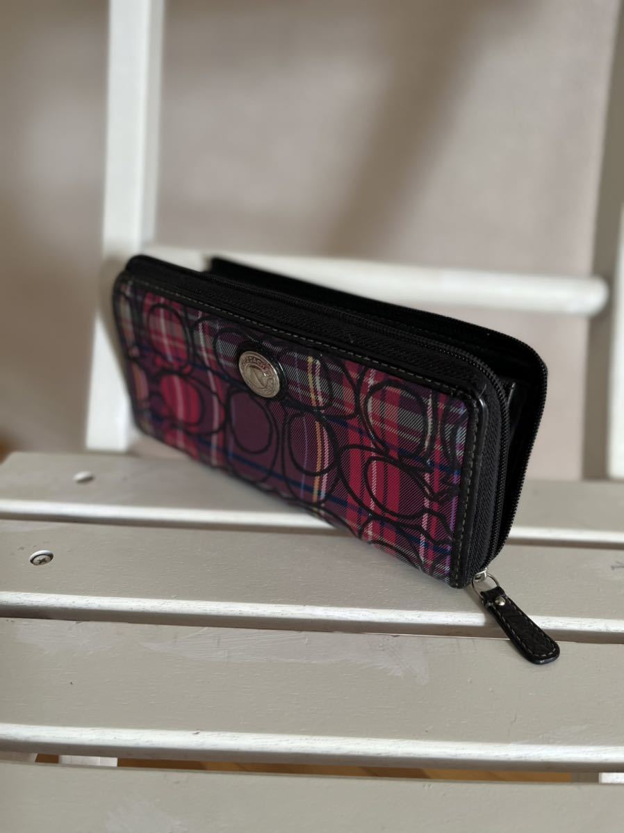 美品 コーチ COACH ポピー シグネチャー 長財布 L字ジップ レアカラー 