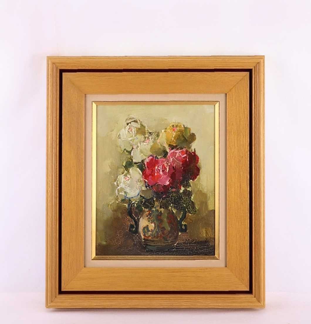 り*マ様 【真作】宮崎万平　油絵 ばら 真作 宮崎万平 油彩 マジョリカの壺の薔薇 画寸22×27cm F3 静岡県出身