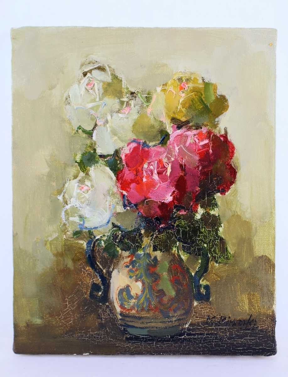 真作 宮崎万平 油彩 マジョリカの壺の薔薇 画寸22×27cm F3 静岡県出身
