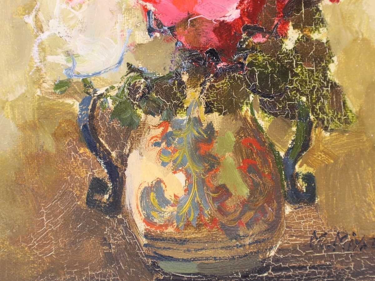 り*マ様 【真作】宮崎万平　油絵 ばら 真作 宮崎万平 油彩 マジョリカの壺の薔薇 画寸22×27cm F3 静岡県出身