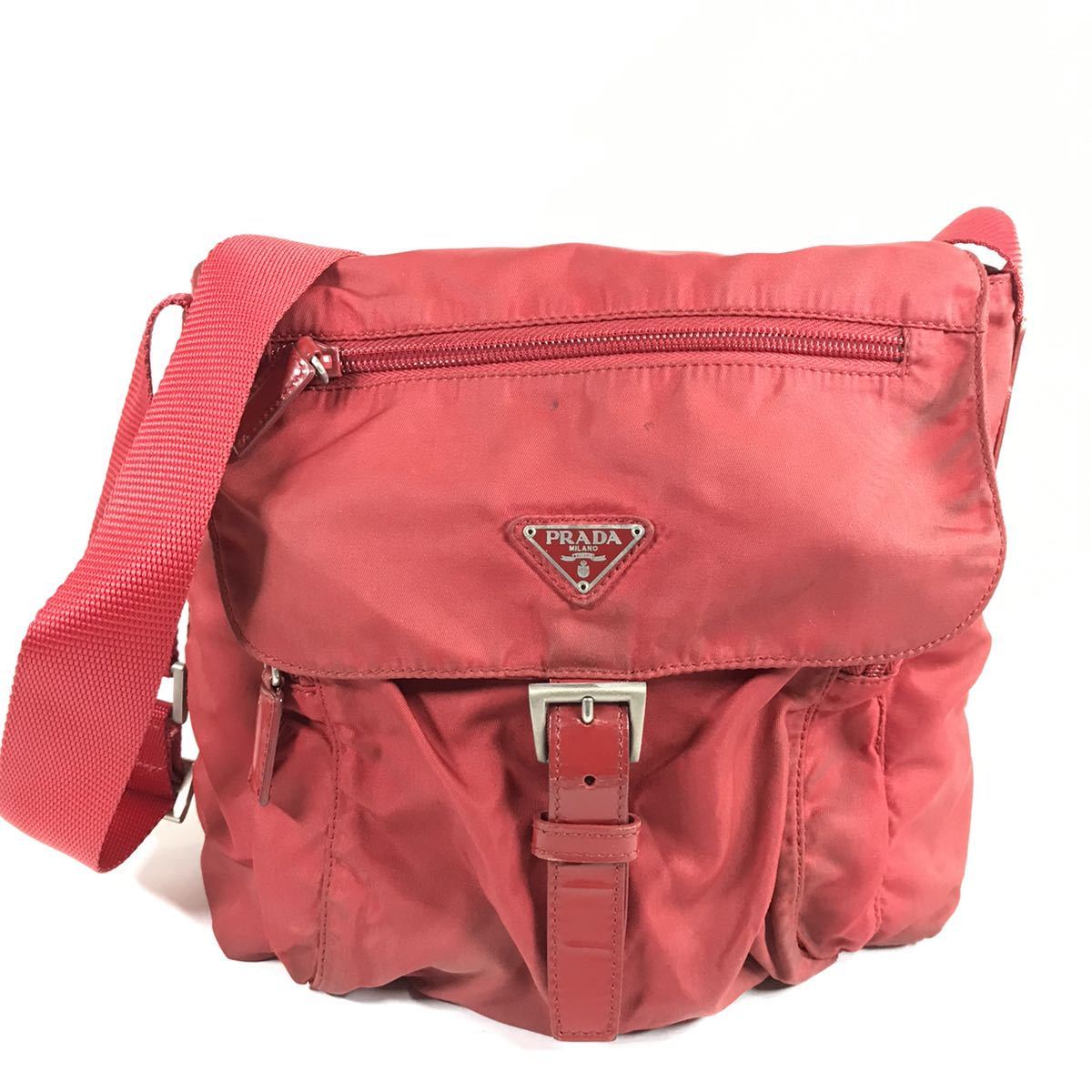 プラダ】本物 PRADA ショルダーバッグ 三角ロゴプレート 赤色系 ワン 