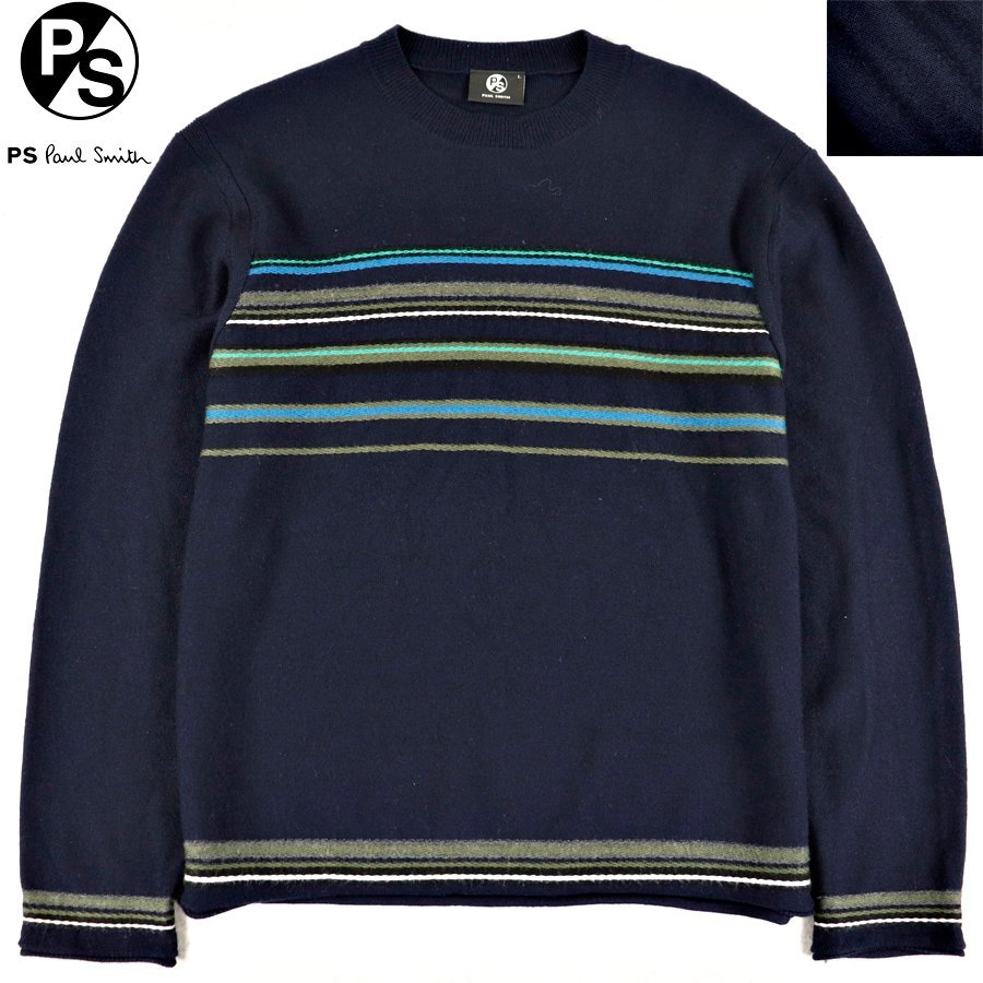 相場価格￥22，000- 美品 PS PAUL SMITH ポールスミス ハイゲージ クルーネックニット セーター ネイビー 紺 ライン L 長袖 メンズ
