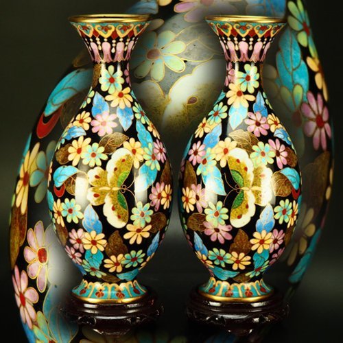 中国美術 七宝 小瓶 一対 花器 花瓶 花入 小壺　飾壺 DT763 七宝 花鳥文 花瓶 一対 花器 花入 治中国美術 花蝶紋七宝花瓶一対☆台
