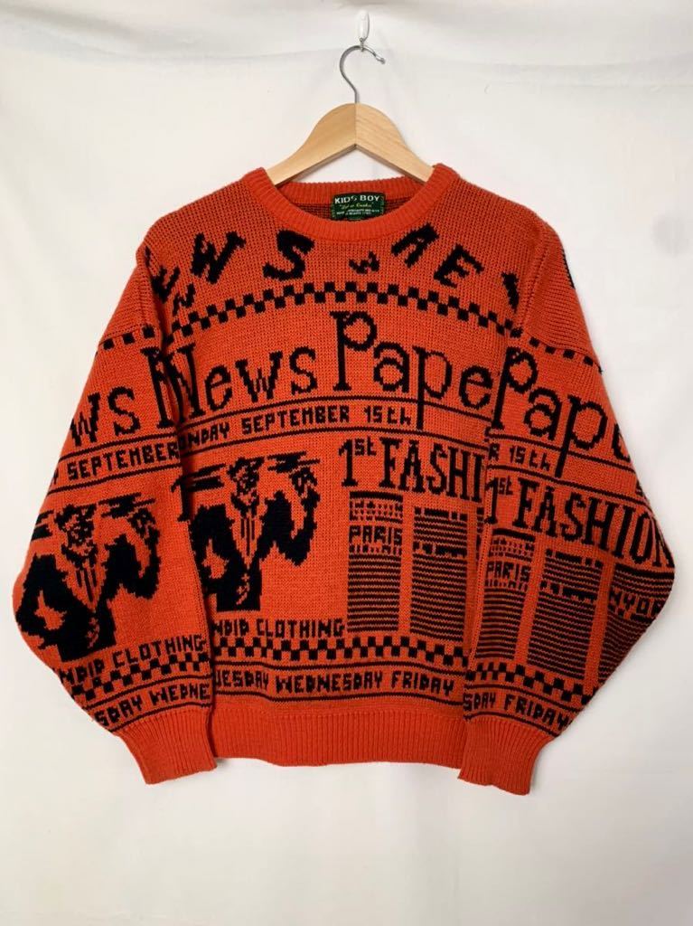 80s 90s オールド レアカラー ニュースペーパー セーター ニット 総柄 M L オレンジ ビンテージ ニュースペーパーバッグ vintage 90s shirts 総 激