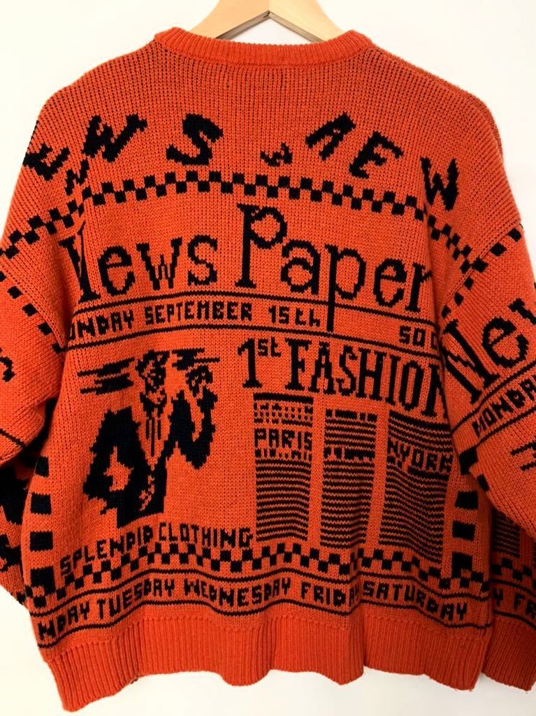 80s 90s オールド レアカラー ニュースペーパー セーター ニット 総柄 M L オレンジ ビンテージ ニュースペーパーバッグ vintage 90s shirts 総 激