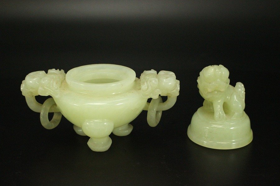 銀閣 中国美術 青白玉 刻 獅子蓋 香炉 旧家蔵出 AZ659(その他)｜売買され