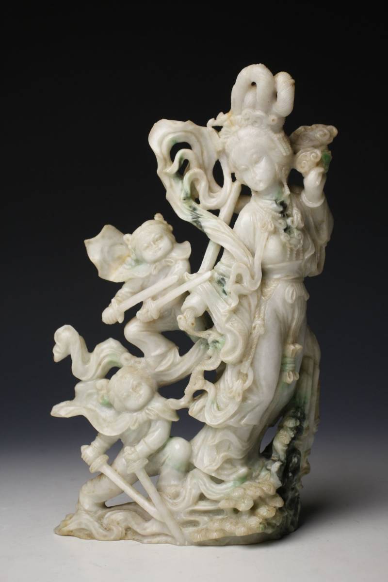 LIG 中国美術 翡翠 天女人物図彫刻 24.5㎝ 1562g 置物 細密造 時代古玩 .