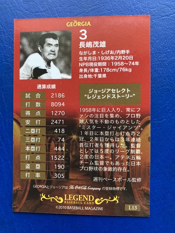 長嶋茂雄さんベースボールカード週刊ベースボール監修・コカ、コーラ社 
