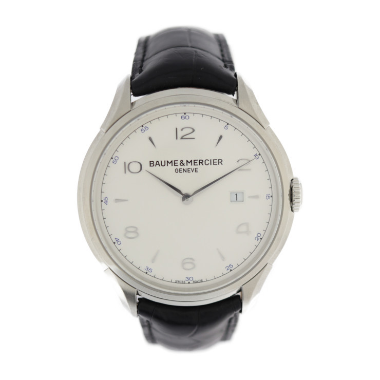 超美品 Baume & Mercier ボーム＆メルシェ クリフトン 腕時計 MOA10419 SS クロコダイル シルバー 黒 白文字盤 クオーツ【本物保証】
