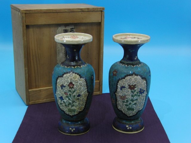 京薩摩 錦光山 今月のお買い得品 花文一対花瓶 花瓶 七宝 明治期