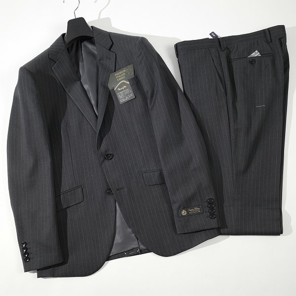 新品1円～★定価8万 イタリア生地 LANEROSSI ラネロッシ マルゾット ウール毛 ストライプ二つ釦スーツ 92A5 総裏ノータック グレー◆1509◆
