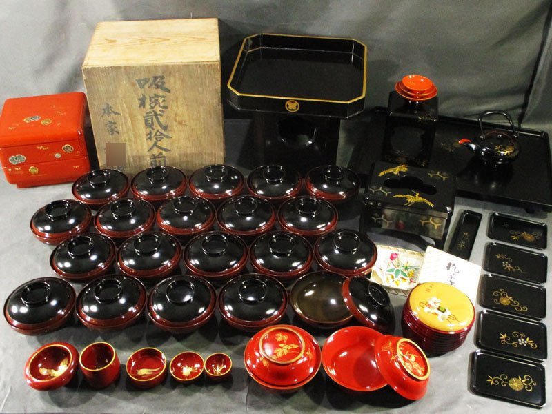 明治期 光琳松 金蒔絵 吸物椀 20客揃 共箱 洗朱 内黒 木製漆器 料亭