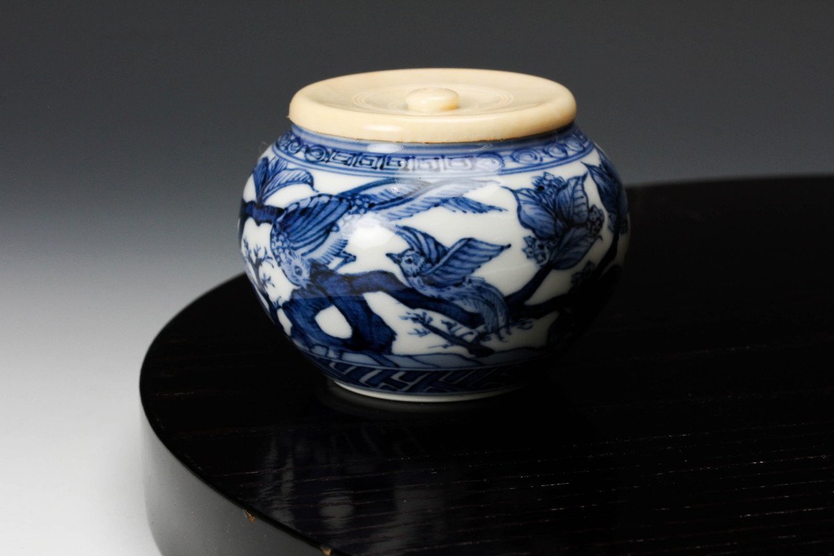 紫翠釜　西村徳泉　花器　花入　木箱付き　美術品　工芸　陶器　花瓶　茶道具　花道 紫翠窯 西村徳泉 共箱 三代 染付 茶道具 祥瑞写一閑人水