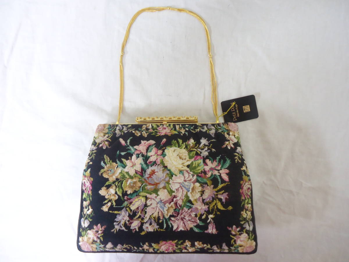 ☆未使用☆プチポアン 久家道子 ゴブラン刺繍 花柄 ハンドバッグ 鏡 元 