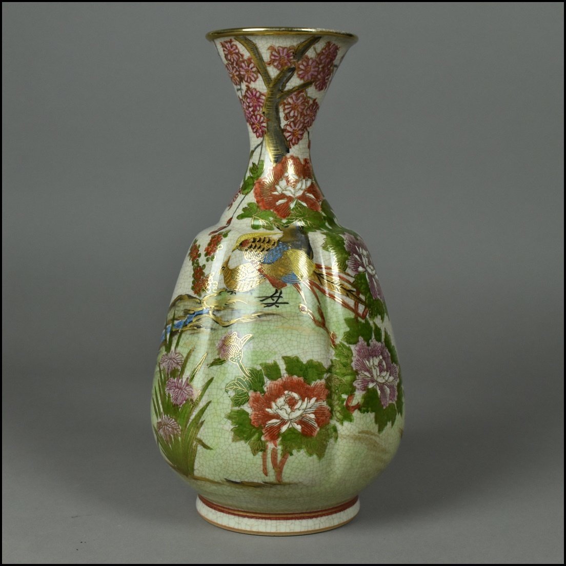 薩摩焼 金彩色絵 花鳥図 大花瓶 高さ32.3cm KM22-1112 薩摩焼金