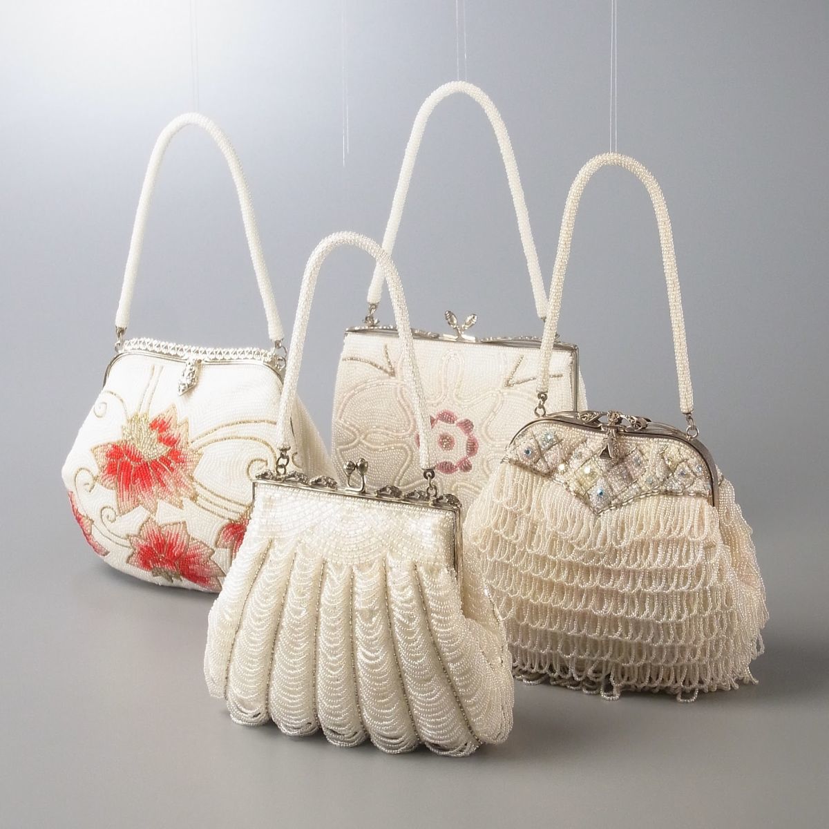 ME4672▽【4点セット】ビーズ刺繍*口枠*花柄*ビーズバッグ/ハンドバッグ/手提げ 鞄/和装バッグ*ホワイト/白系