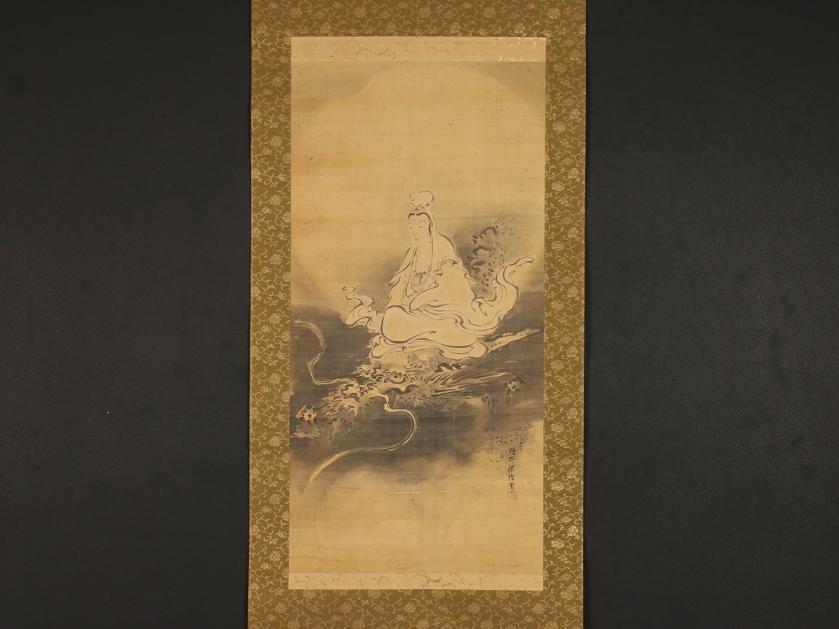 模写】【1円開始】【伝来】us4372〈狩野探信守政〉仏画 龍上観音図