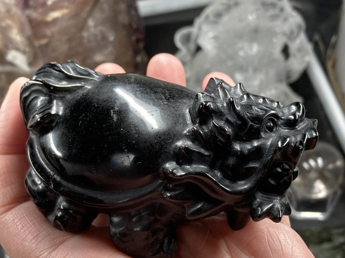 オリジナル品】山東省 モリオン（黒水晶） ロングイ（龍亀） 約319g 
