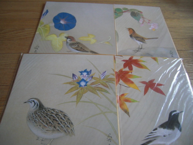 河原勇夫 彩 色紙花鳥画12ヶ月揃い 掛け軸付 河原勇夫 花鳥画 色紙 -