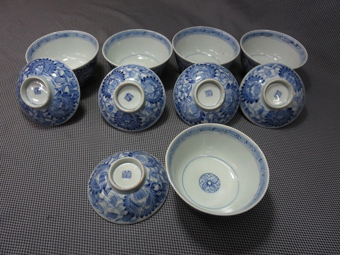 染付竹紋蓋つき茶碗古伊万里 2☆古伊万里 染付竹文 蓋茶碗揃 （五客） 江戸期 時代物 ☆茶道具