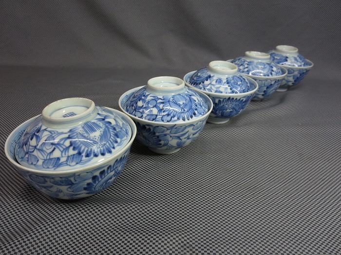 2☆古伊万里 染付竹文 蓋茶碗揃 （五客） 江戸期 時代物 ☆茶道具