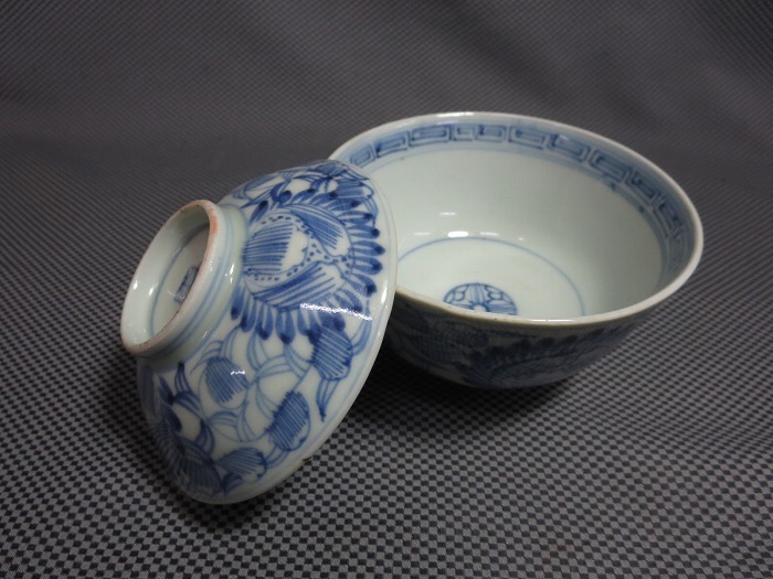 2☆古伊万里 染付竹文 蓋茶碗揃 （五客） 江戸期 時代物 ☆茶道具