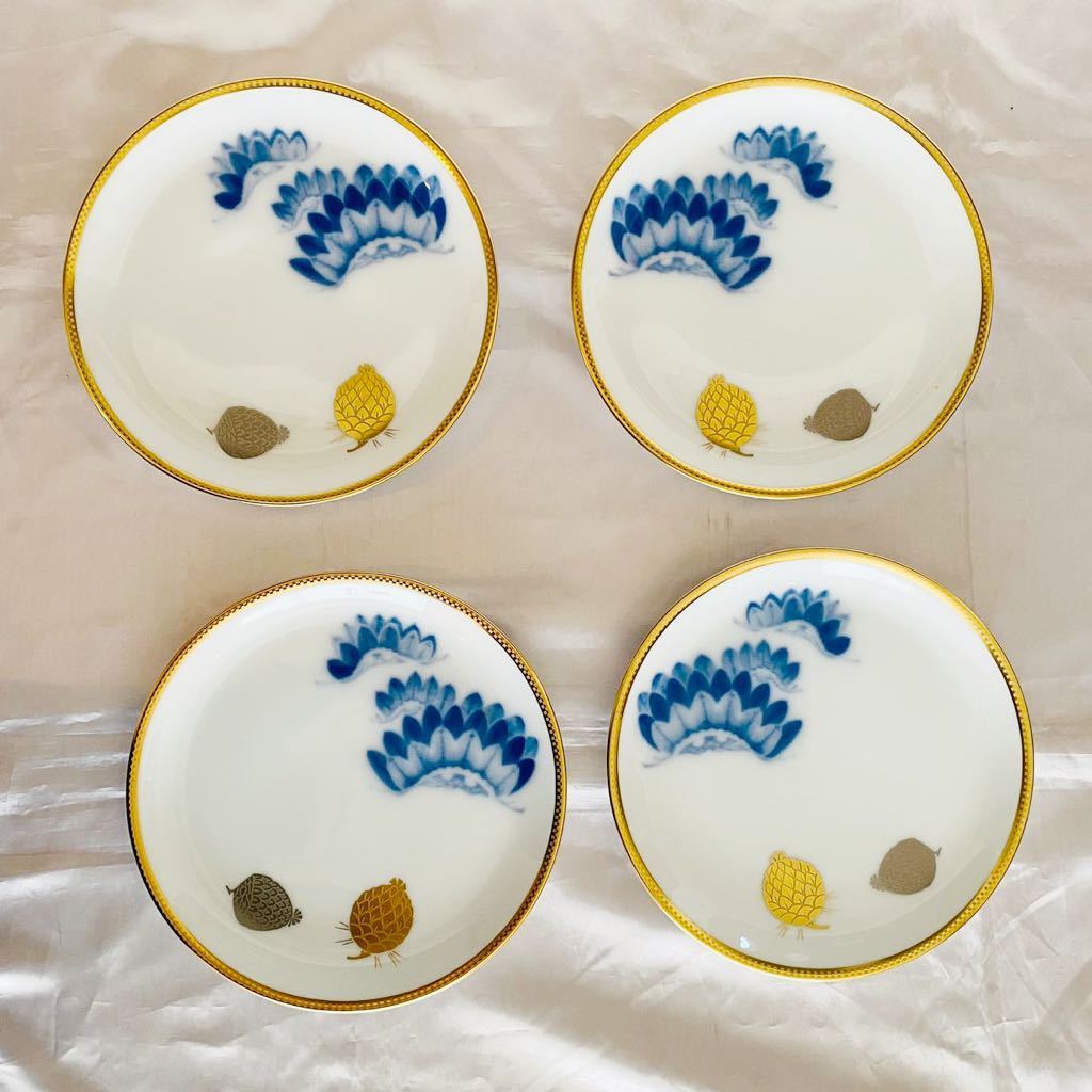 大倉陶園 三階松図 金彩 純金 プラチナ焼付 皿 4客 百木春夫 茶器 煎茶 
