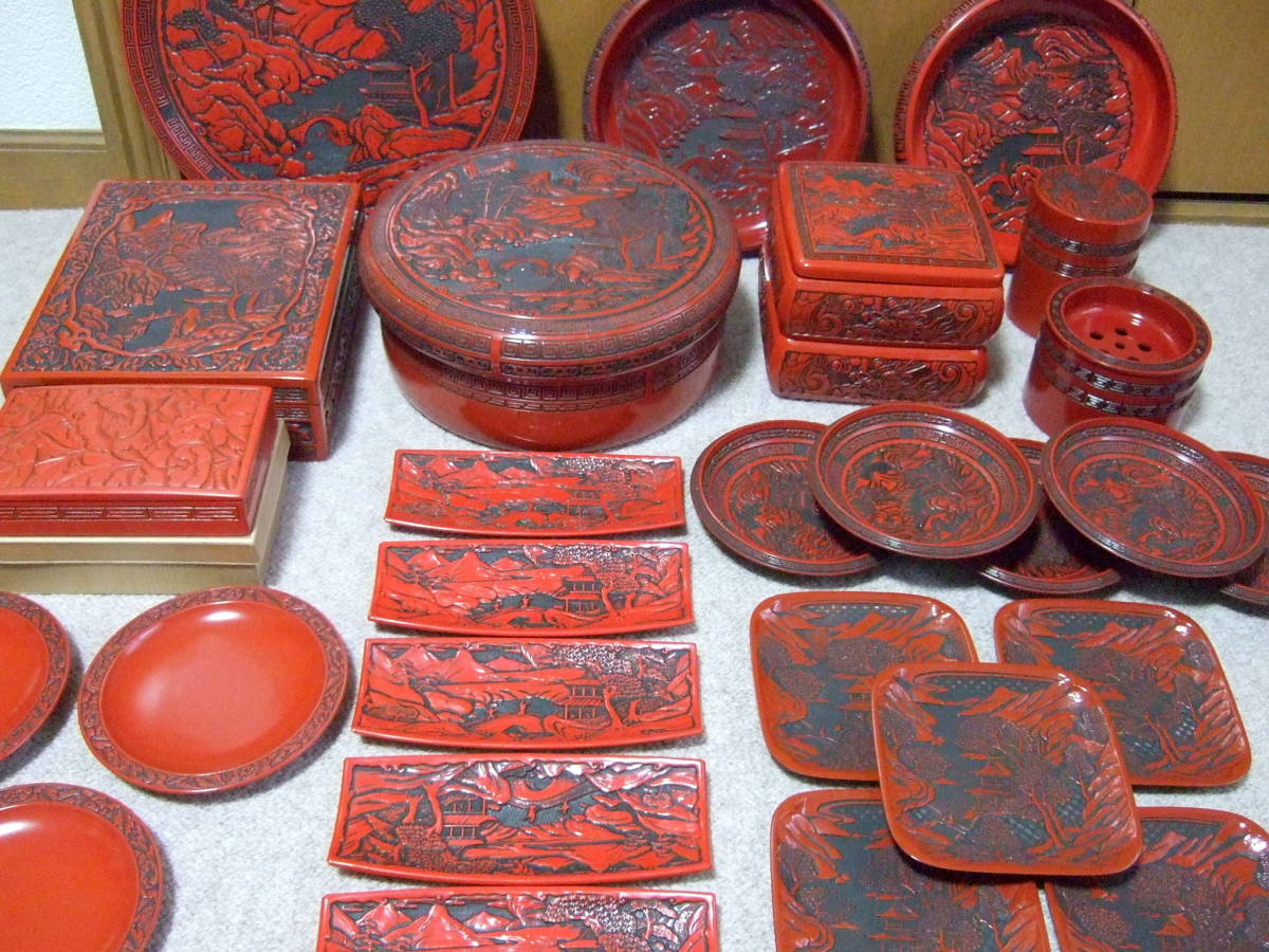 仙台堆朱 村上堆朱 文箱 二段重箱 茶櫃 菓子器 お盆 銘々皿 小皿 茶 