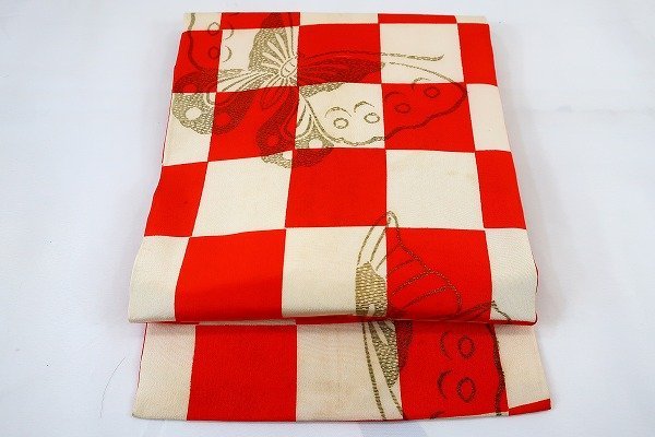 【着物フィ】アンティーク　名古屋屋帯　アゲハ蝶　チェック　赤白　大正ロマン　レトロ　お洒落　正絹　12287