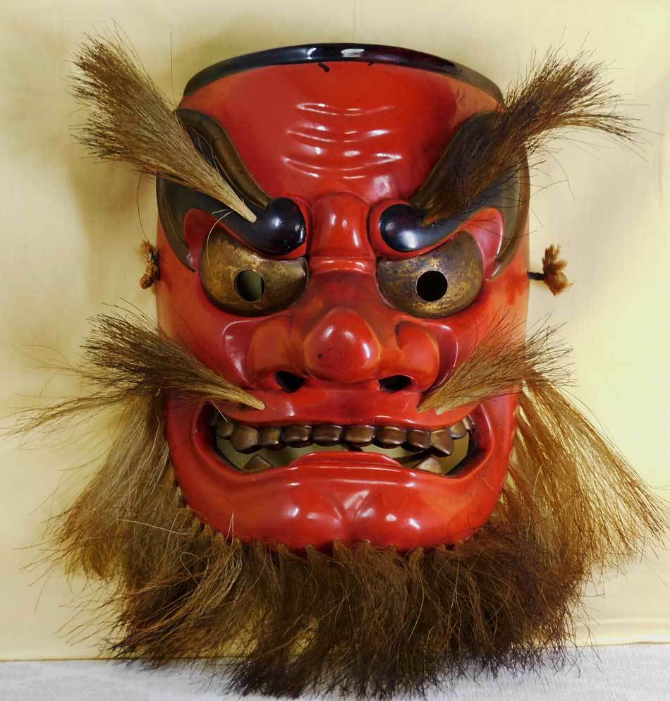 備中神楽面 天狗 猿田彦命 木彫り能面 在銘 共箱 朝山作 お面