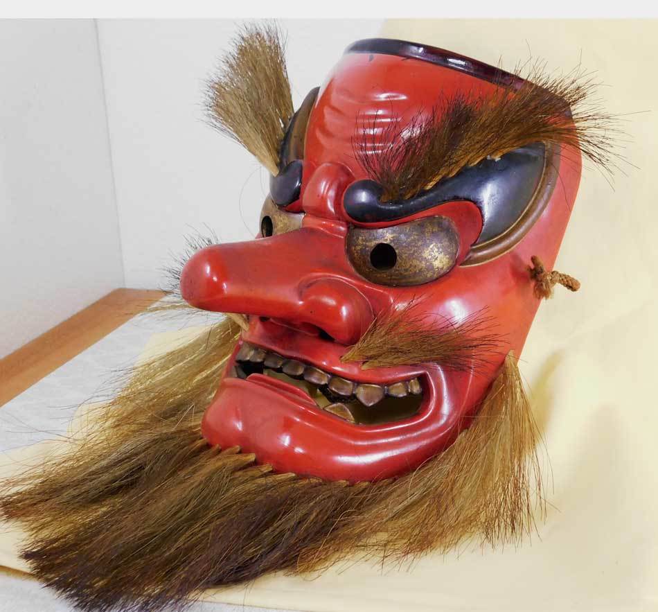 備中神楽面 天狗 猿田彦命 木彫り能面 在銘 共箱 朝山作 お面