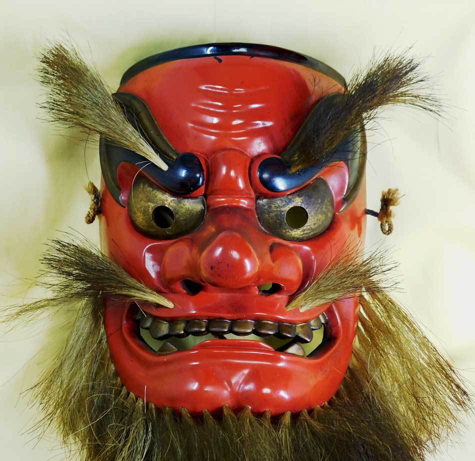 備中神楽面 天狗 猿田彦命 木彫り能面 在銘 共箱 朝山作 お面