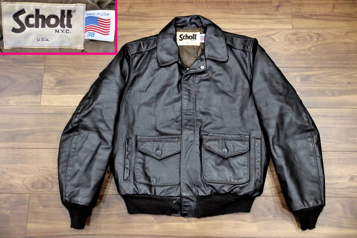 ☆USA製 90s ショット A-2タイプ 牛革 レザージャケット ダーク