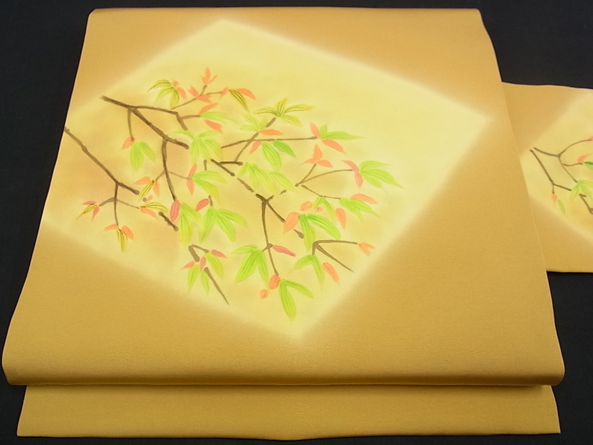 平和屋□極上 塩瀬 九寸名古屋帯 手描き 枝葉文 地色：黄朽葉色 ゑり善 