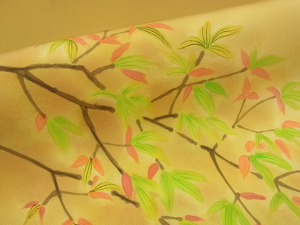 平和屋□極上 塩瀬 九寸名古屋帯 手描き 枝葉文 地色：黄朽葉色 ゑり善 