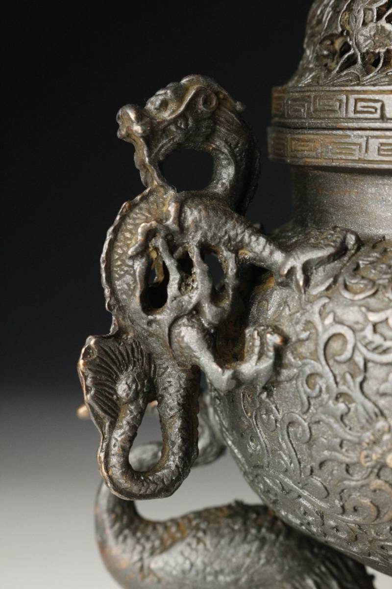 香炉 3点セット 三足 龍 獅子 金属製 仏具 中国 香炉 中国美術 銅製 翡翠 ⁄ 29cm