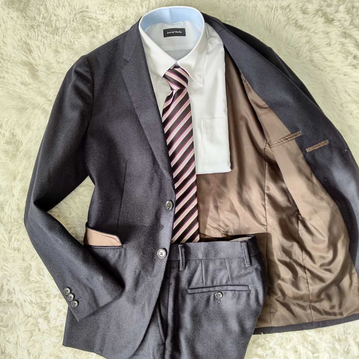 カシミヤ混 訳有り 美品 エディフィス【紳士の着こなし】EDIFICE スーツ セットアップ Mサイズ メンズ 本切羽 ネイビー 濃紺 ウール 424