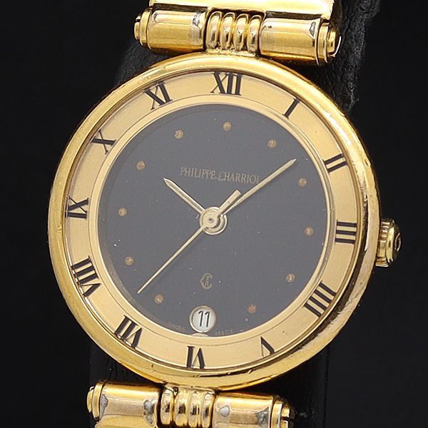 1円 稼働 良品 フィリップシャリオール サントロペ QZ 黒文字盤 ローマンベゼル バングル レディース腕時計 0068200★