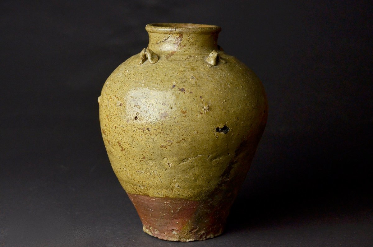 YB】江戸時代 青唐津四耳壺 年代保証☆日本古美術古玩骨董