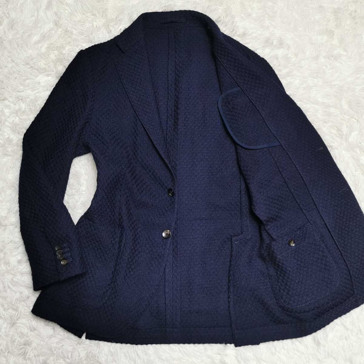 ラルディーニ【魅惑の逸品】LARDINI テーラードジャケット Mサイズ ニット生地 編み込み ストレッチ◎ 花柄風 ネイビー ウール 46
