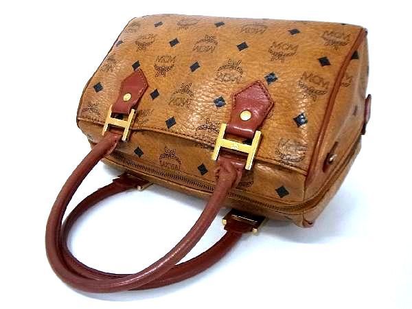 1円 MCM エムシーエム モノグラム ヴィセトス柄 レザー ハンドバッグ ミニボストン 手提げかばん 手持ち ブラウン系 AG6037イN