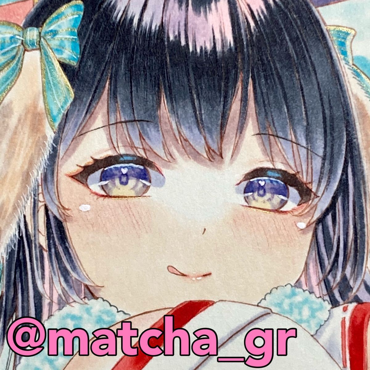 オリジナル手描きイラスト/うさみみ/巫女さん/黒髪/開運招福/B5/抹茶