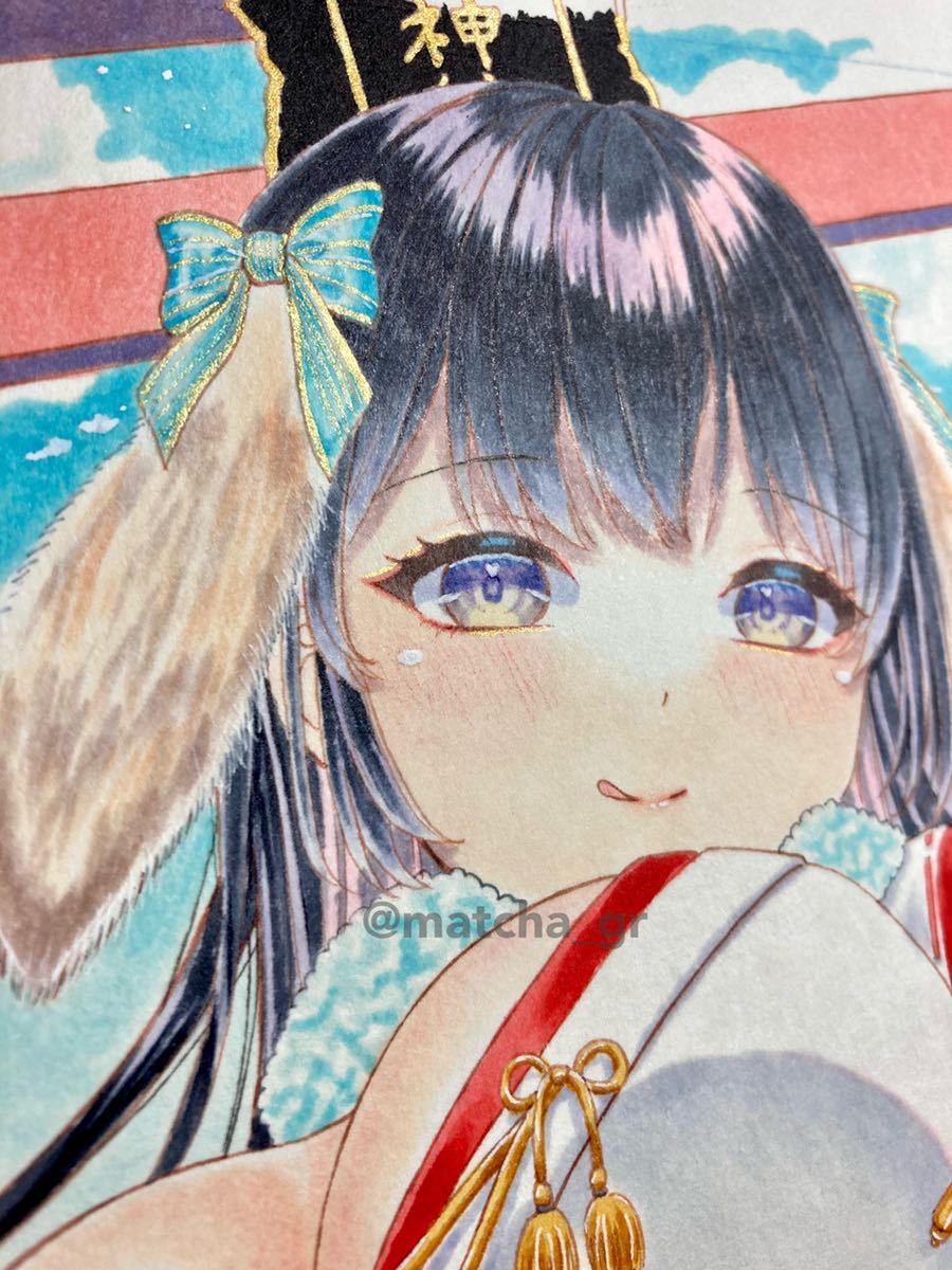 オリジナル手描きイラスト/うさみみ/巫女さん/黒髪/開運招福/B5/抹茶