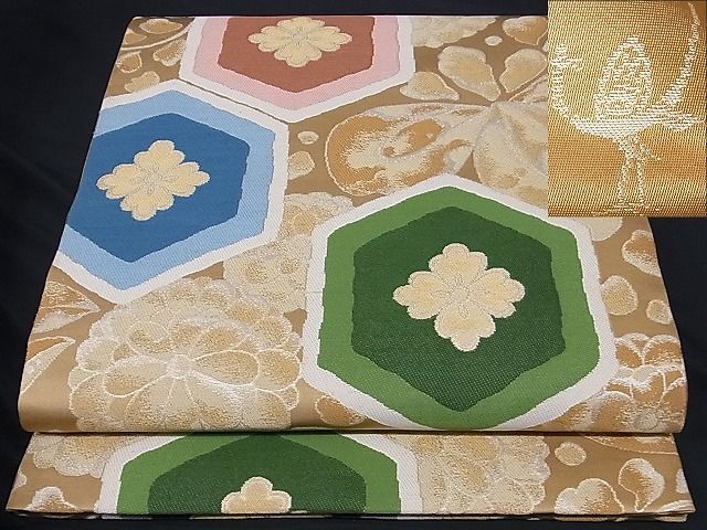 着物屋こころ□極上 西陣 白綾苑大庭 六通柄袋帯 亀甲花文 銀糸 正絹
