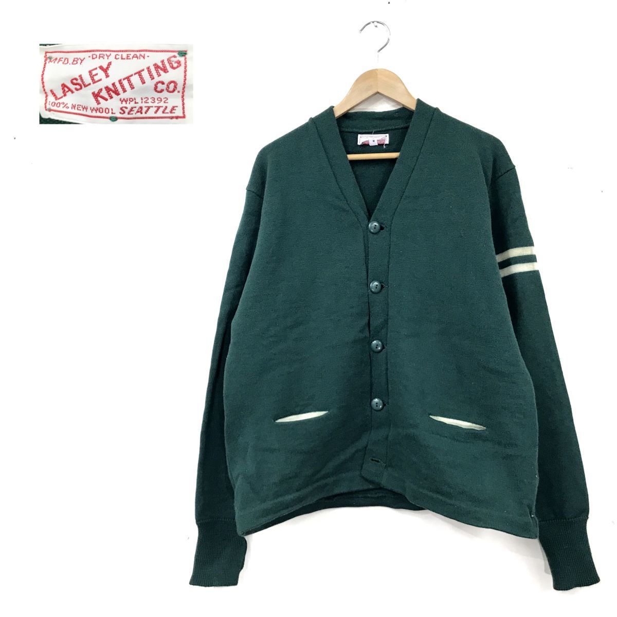 I111-D◆50~60s◆ LASLEY KNITTING CO. レタードカーディガン 厚手 ニット ◆ size46 グリーン 緑 ウール 100 vintage ヴィンテージ