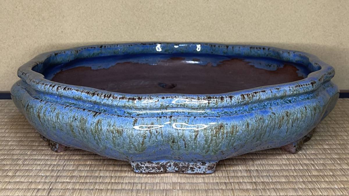 秀峰造 均釉窯変 袋式 輪花 古鏡鉢 37cm 片岡義村 手造り 釘彫り落款
