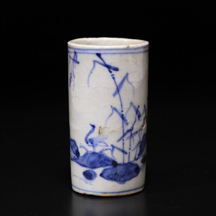 ★いい楽 特別出品★古染付水鳥海老葦文筒盃 明代末 桐箱付 古伊万里 古染付花文中皿5枚 桐箱