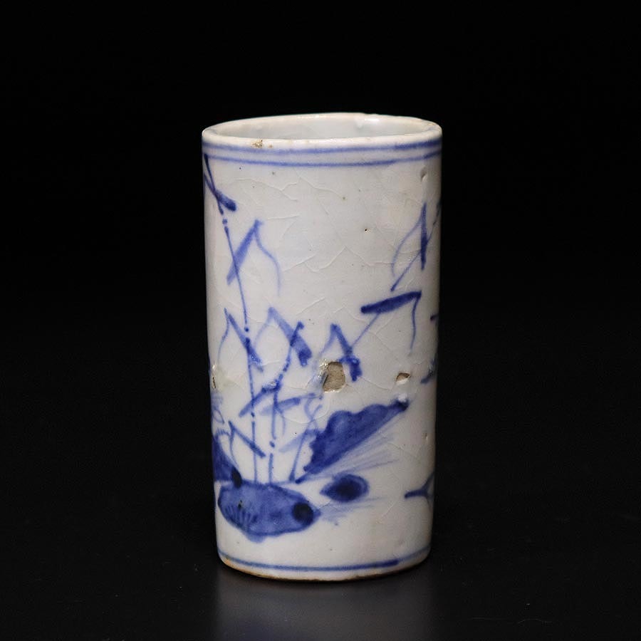 ★いい楽 特別出品★古染付水鳥海老葦文筒盃 明代末 桐箱付 古伊万里 古染付花文中皿5枚 桐箱